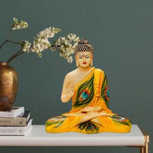 Meditation Big Buddha Showpiece for Home Decor (Yellow Peacock Design) Polyresin - 15 Inch