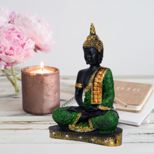 Meditation Buddha Showpiece for Home Decor (Green & Black) Polyresin - 9.5 Inch