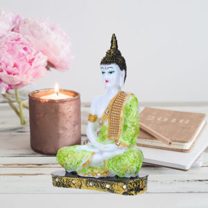 Meditation Buddha Showpiece for Home Decor (Green & White) Polyresin - 9.5 Inch