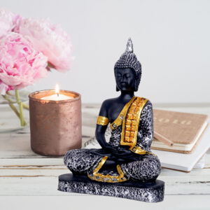 Meditation Buddha Showpiece for Home Decor (Grey & Black) Polyresin - 9.5 Inch
