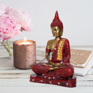Meditation Buddha Showpiece for Home Decor (Red & Golden) Polyresin - 9.5 Inch