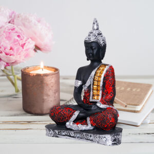 Meditation Buddha Showpiece for Home Decor (Red & Black) Polyresin - 9.5 Inch