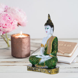 Meditation Buddha Showpiece for Home Decor (Green & White) Marble - 9.5 Inch