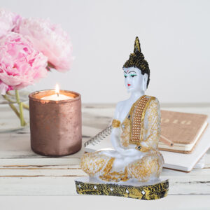 Meditation Buddha Showpiece for Home Decor (Golden & White) Marble - 9.5 Inch