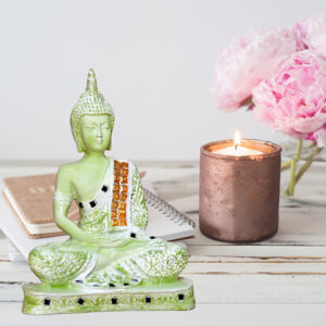 Meditation Buddha Showpiece for Home Decor (Green & White) Polyresin - 9.5 Inch