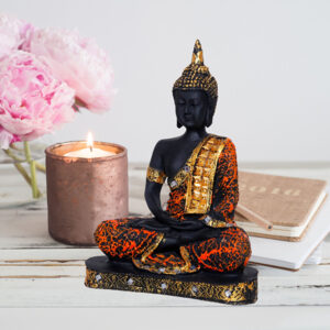 Meditation Buddha Showpiece for Home Decor (Orange & Black) Polyresin - 9.5 Inch