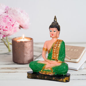 Meditation Buddha Showpiece for Home Decor (Green & Cream) Polyresin - 9.5 Inch