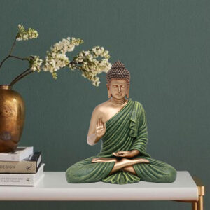 Meditation Big Buddha Showpiece for Home Decor (Green & Golden) Polyresin - 15 Inch
