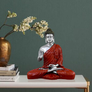 Meditation Big Buddha Showpiece for Home Decor (Red & Silver) Polyresin - 15 Inch