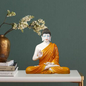 Meditation Big Buddha Showpiece for Home Decor (Orange & White) Marble - 15 Inch