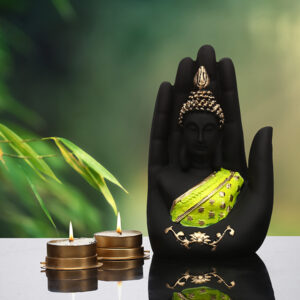 Palm Buddha Showpiece for Home Decor (Green & Black) Polyresin - 7 Inch