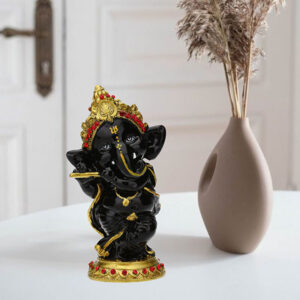 Musician Playing Flute Ganesha Idol Showpiece for Home Decor (Black) Polyresin - 5.5 Inch