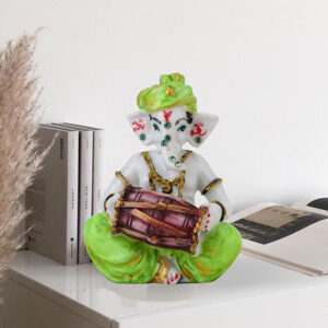 Musician Dholak Ganesha Idol Showpiece (Green) Marble - 4 Inch