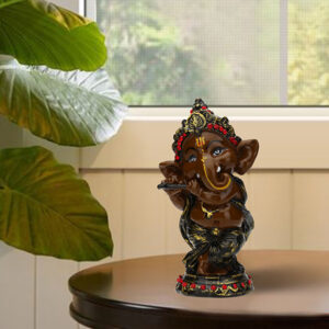Musician Playing Flute Ganesha Idol Showpiece for Home Decor (Brown) Polyresin - 5.5 Inch