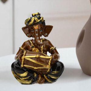 Musician Dholak Ganesha Idol Showpiece (Brown & Black) Polyresin - 4 Inch