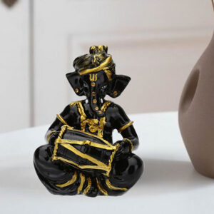 Musician Dholak Ganesha Idol Showpiece (Black & Golden) Polyresin - 4 Inch