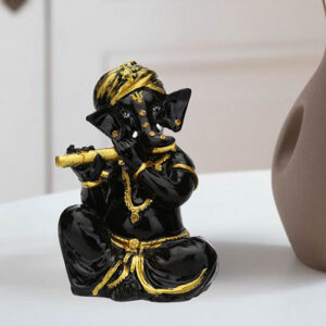 Musician Flute Ganesha Idol Showpiece (Black & Golden) Marble - 4 Inch