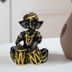 Musician Tabla Ganesha Idol Showpiece (Black & Golden) Polyresin - 4 Inch