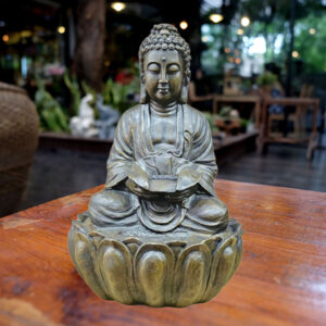 Buddha Water Fountain Showpiece for Home Decor (Grey & Gold) Polyresin – 20 Inch