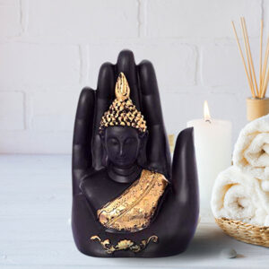 Palm Buddha Showpiece for Home Decor (Golden & Black) Polyresin - 7 Inch