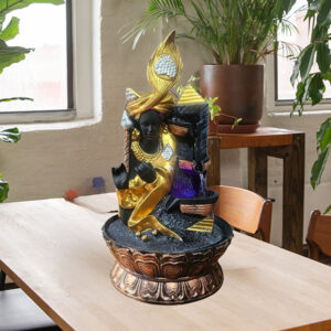 Lord Krishna Water Fountain Showpiece for Home Decor (Black & Gold) Polyresin – 15 Inch