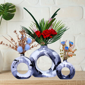 Donut-Shaped Flower Vases for Home Decor, Set of 3 (Black & White) Polyresin – 8 Inch