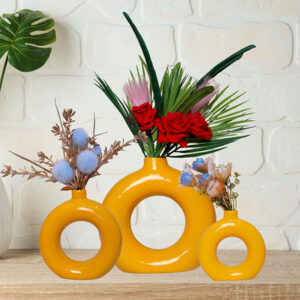 Donut-Shaped Flower Vases for Home Decor, Set of 3 (Yellow) Polyresin – 8 Inch