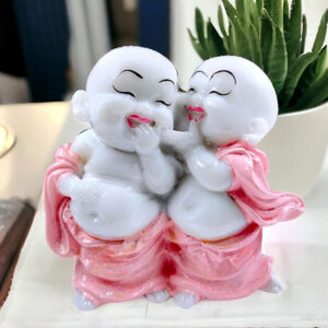 Laughing Monk Buddha Showpiece for Home Decor (Pink & White) Marble – 4 Inch