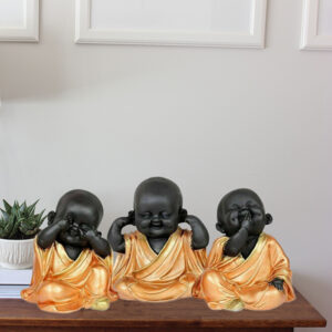 Baby Monk Buddha Idol Showpiece for Home Decor, Set of 3 (Golden & Black) Polyresin – 5.5 Inch