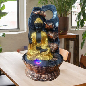 Buddha Water Fountain Showpiece for Home Decor (Black & Gold) Polyresin – 15 Inch
