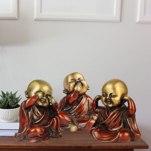 Baby Monk Buddha Idol Showpiece for Home Decor, Set of 3 (Golden & Red) Polyresin – 5.5 Inch
