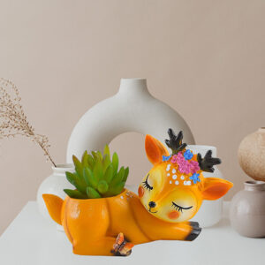 Deer Flower Pot Showpiece for Home Decor (Yellow) Polyresin – 4 Inch