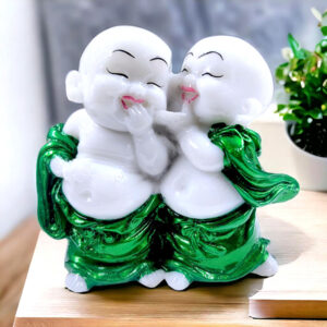 Laughing Monk Buddha Showpiece for Home Decor (Green & White) Marble – 4 Inch