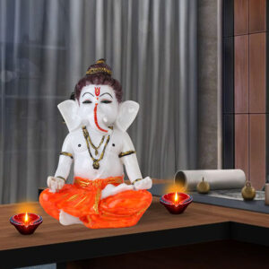 Meditating Ganesha Idol Showpiece for Home Decor (Orange) Marble - 8 Inch