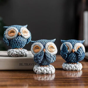 Owl Showpiece for Home Decor, Set of 3 (Blue) Polyresin – 3 Inch