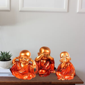 Baby Monk Buddha Idol Showpiece for Home Decor, Set of 3 (Red & Golden) Polyresin – 5.5 Inch