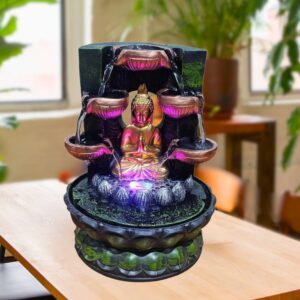 Buddha Water Fountain Showpiece for Home Decor (Black & Golden) Polyresin – 10 Inch