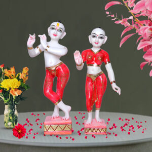 Jugal Jodi Radha & Krishna Idol Showpiece for Home Decor (Red) Golden Foil Work | Marble - 18 Inch