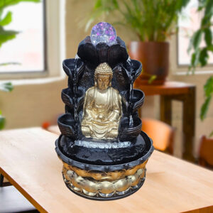 Lord Buddha Water Fountain Showpiece for Home Decor (Black & Golden) Polyresin – 12 Inch