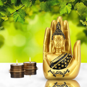 Palm Buddha Showpiece for Home Decor (Golden & Black) Polyresin - 7 Inch
