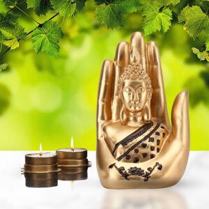 Palm Buddha Showpiece for Home Decor (Golden & Black) Polyresin - 7 Inch