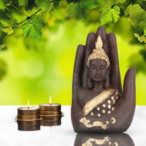 Palm Buddha Showpiece for Home Decor (Brown & Golden) Polyresin - 7 Inch