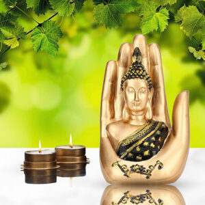 Palm Buddha Showpiece for Home Decor (Golden & Black) Polyresin - 7 Inch