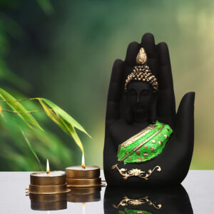 Palm Buddha Showpiece for Home Decor (Green & Black) Polyresin - 7 Inch