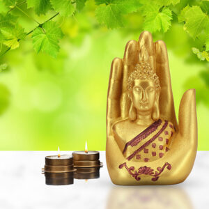 Palm Buddha Showpiece for Home Decor (Golden & Red) Polyresin - 7 Inch