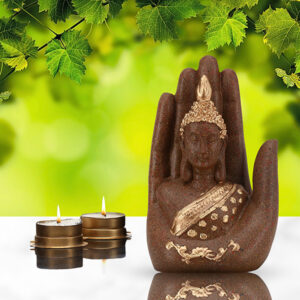Palm Buddha Showpiece for Home Decor (Brown & Golden) Polyresin - 7 Inch