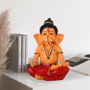 Meditating Ganesha Idol Showpiece for Home Decor (Cream & Red) Polyresin - 8 Inch