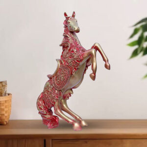 Antique Big Horse Showpiece for Home Decor (Red & Golden) Polyresin – 14 Inch