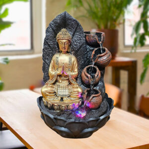 Lord Buddha Water Fountain Showpiece for Home Decor (Black & Golden) Polyresin – 15 Inch