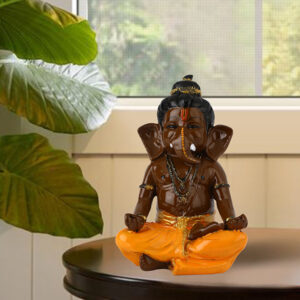 Meditating Ganesha Idol Showpiece for Home Decor (Brown & Orange) Polyresin - 8 Inch